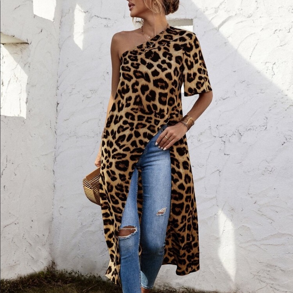 One Shoulder Leopard Print Asymmetrical High Low Tunic Top Blouse Shirt - Picture 3 of 7